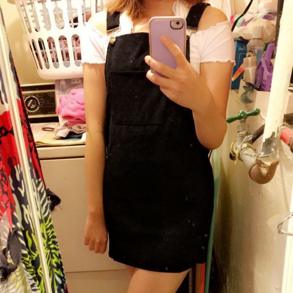 Black corduroy overall mini dress
